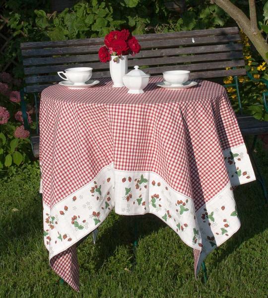 Garten Tischdecke "Vichy rot mit Erdbeer-Bordüre"